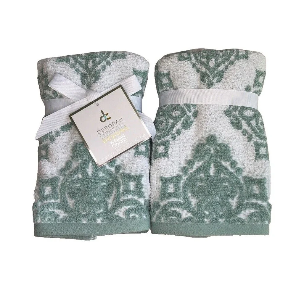 Deborah Connolly Fingertip Towels Green White Chenille Sculptured Set of 2
